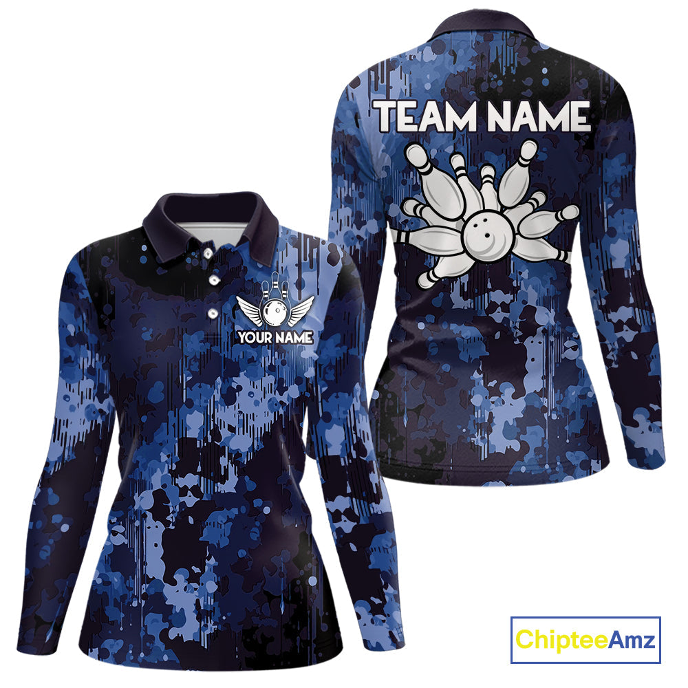 Blue Camo Bowling Polo, Quarter Zip Shirts Custom Bowling Team Jerseys, Gift For Bowlers