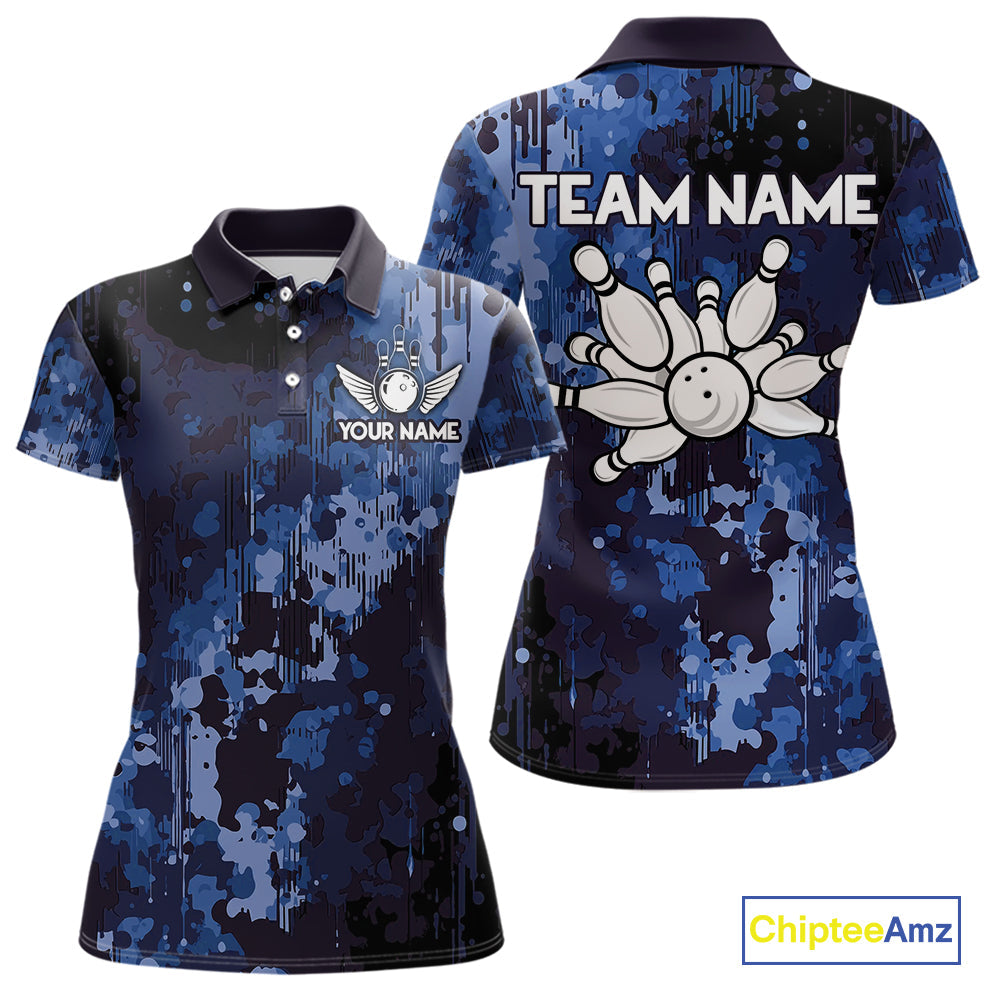 Blue Camo Bowling Polo, Quarter Zip Shirts Custom Bowling Team Jerseys, Gift For Bowlers