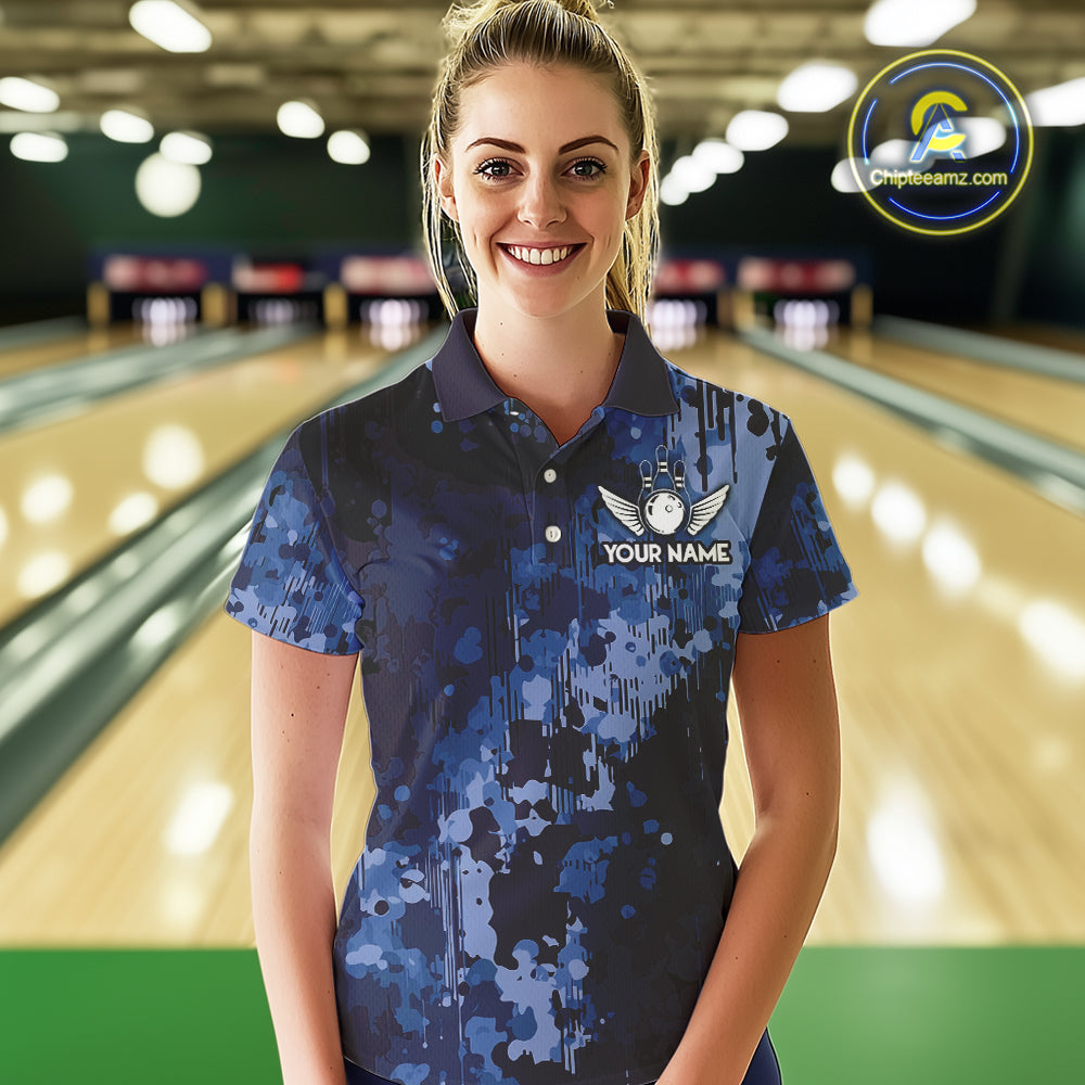 Blue Camo Bowling Polo, Quarter Zip Shirts Custom Bowling Team Jerseys, Gift For Bowlers