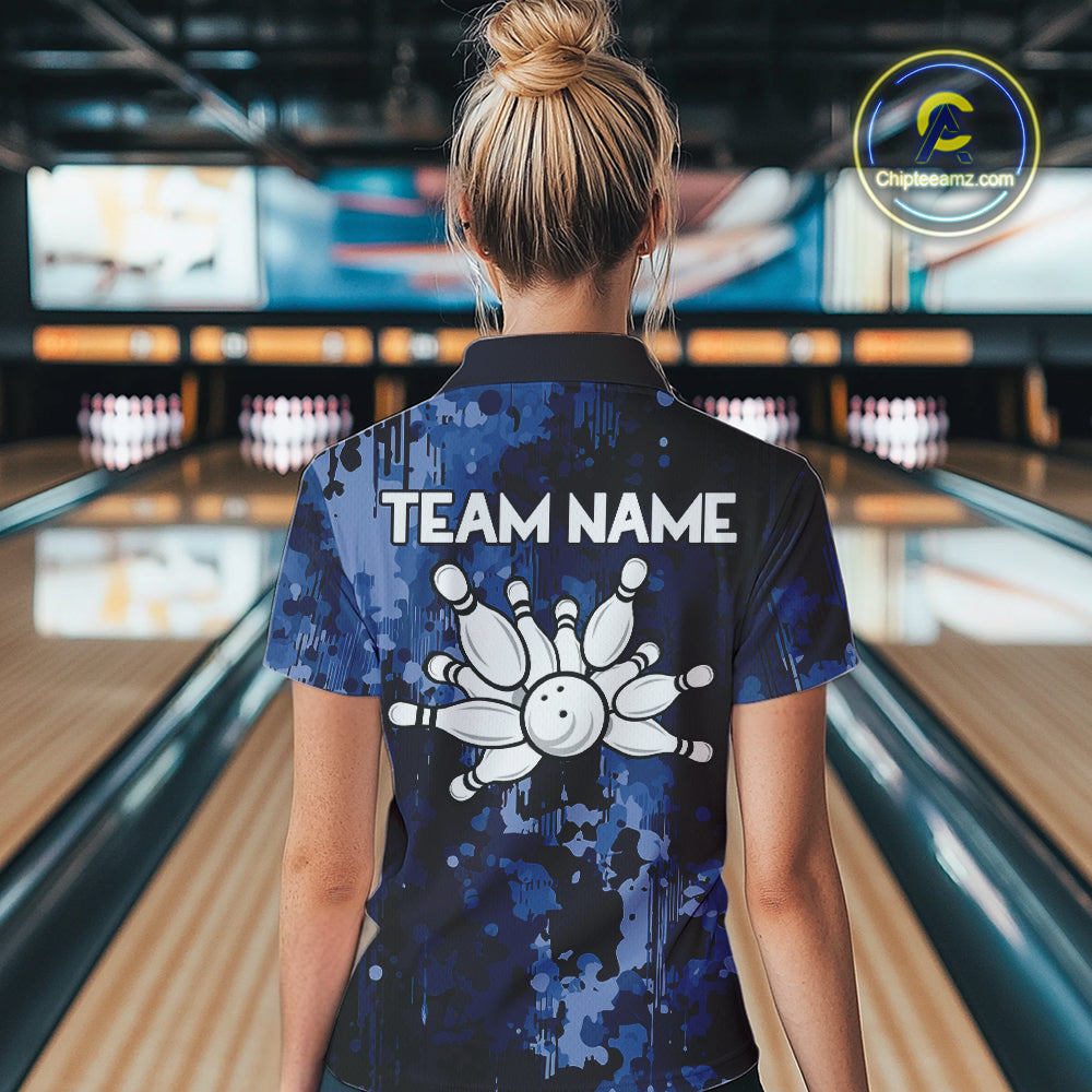 Blue Camo Bowling Polo, Quarter Zip Shirts Custom Bowling Team Jerseys, Gift For Bowlers