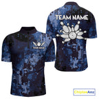 Blue Camo Bowling Polo, Quarter Zip Shirts Custom Bowling Team Jerseys, Gift For Bowlers