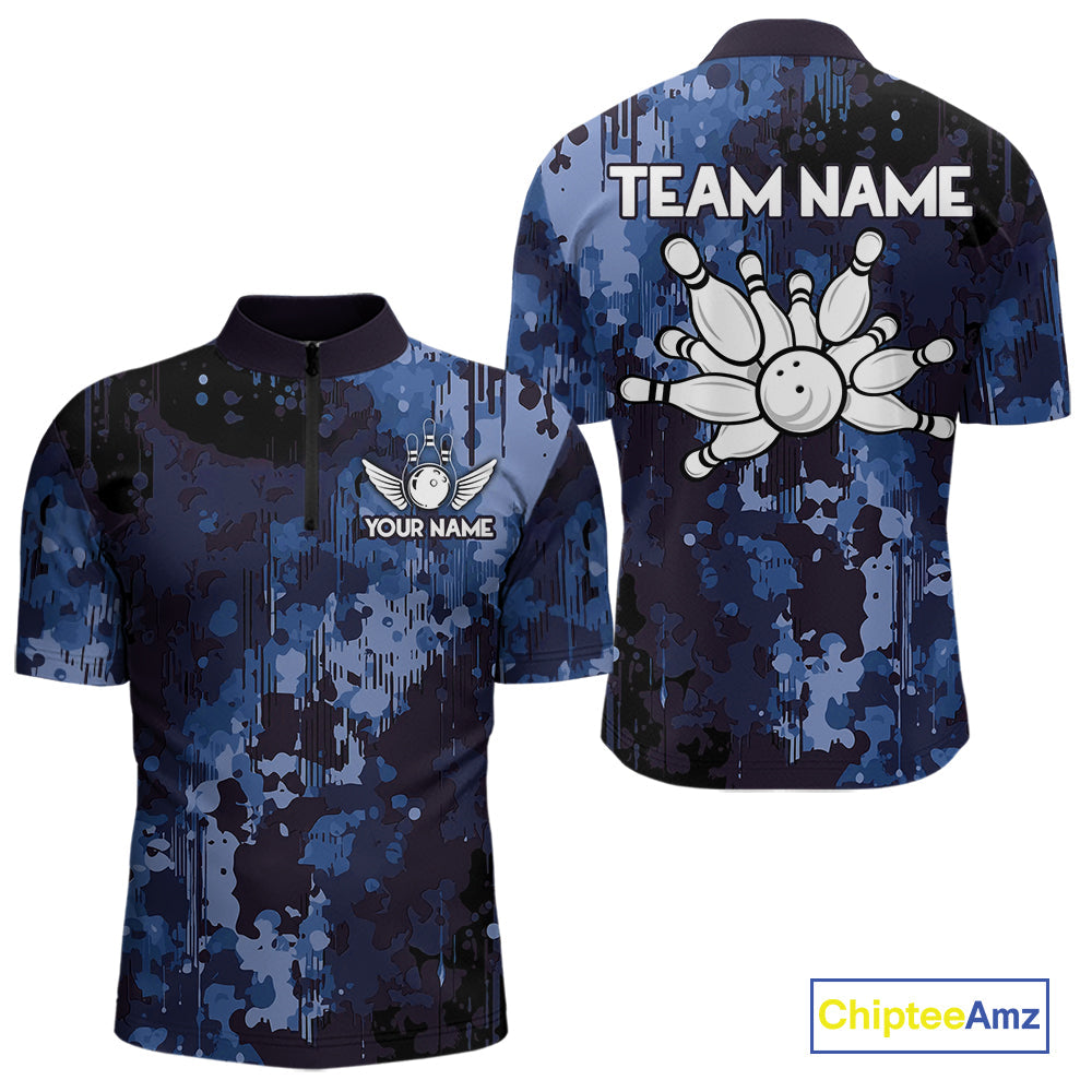 Blue Camo Bowling Polo, Quarter Zip Shirts Custom Bowling Team Jerseys, Gift For Bowlers
