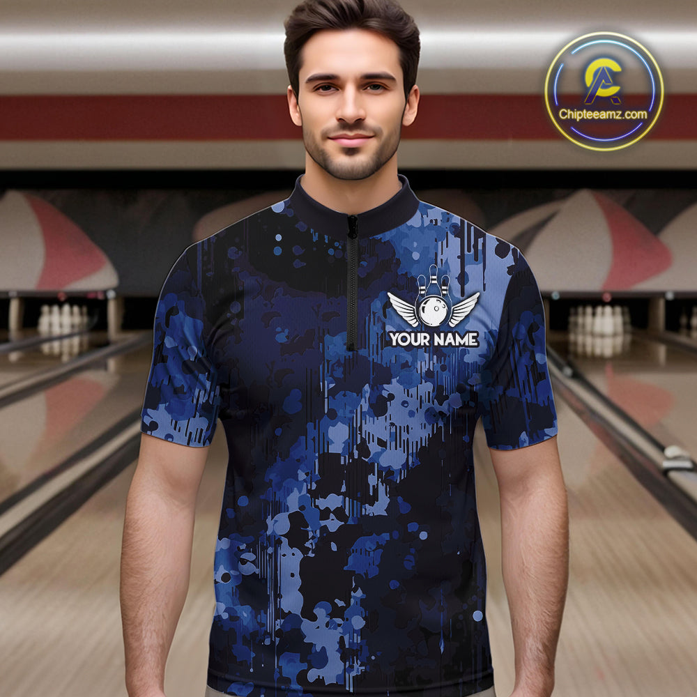 Blue Camo Bowling Polo, Quarter Zip Shirts Custom Bowling Team Jerseys, Gift For Bowlers