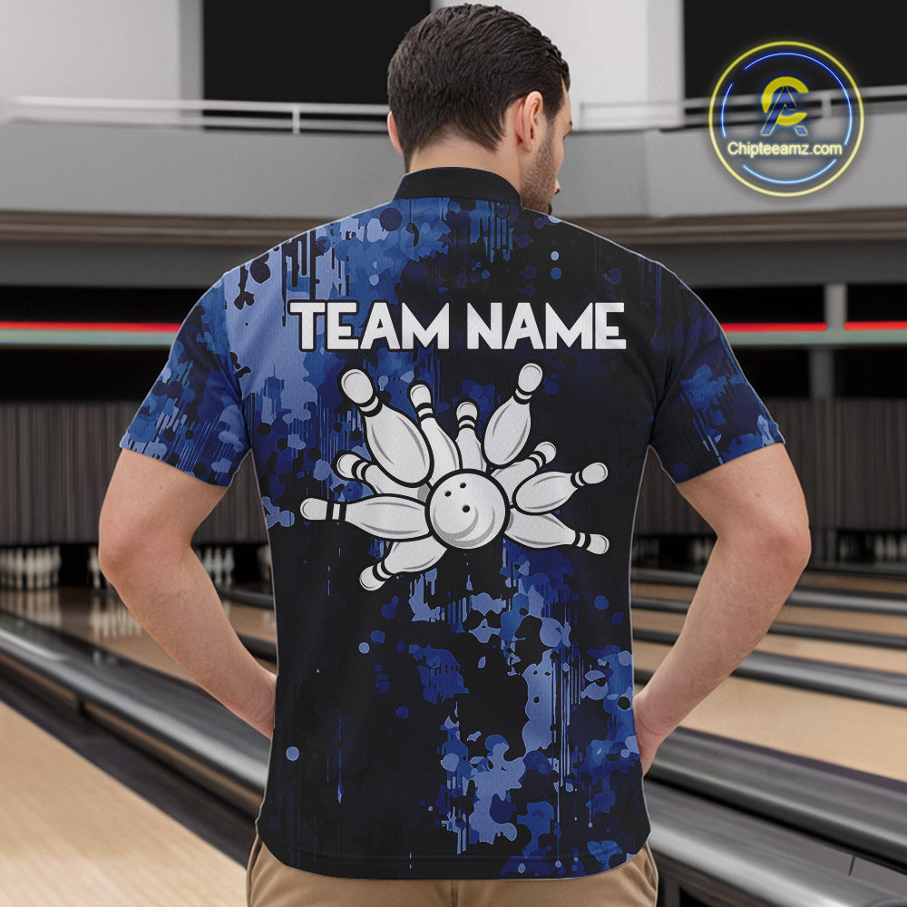Blue Camo Bowling Polo, Quarter Zip Shirts Custom Bowling Team Jerseys, Gift For Bowlers
