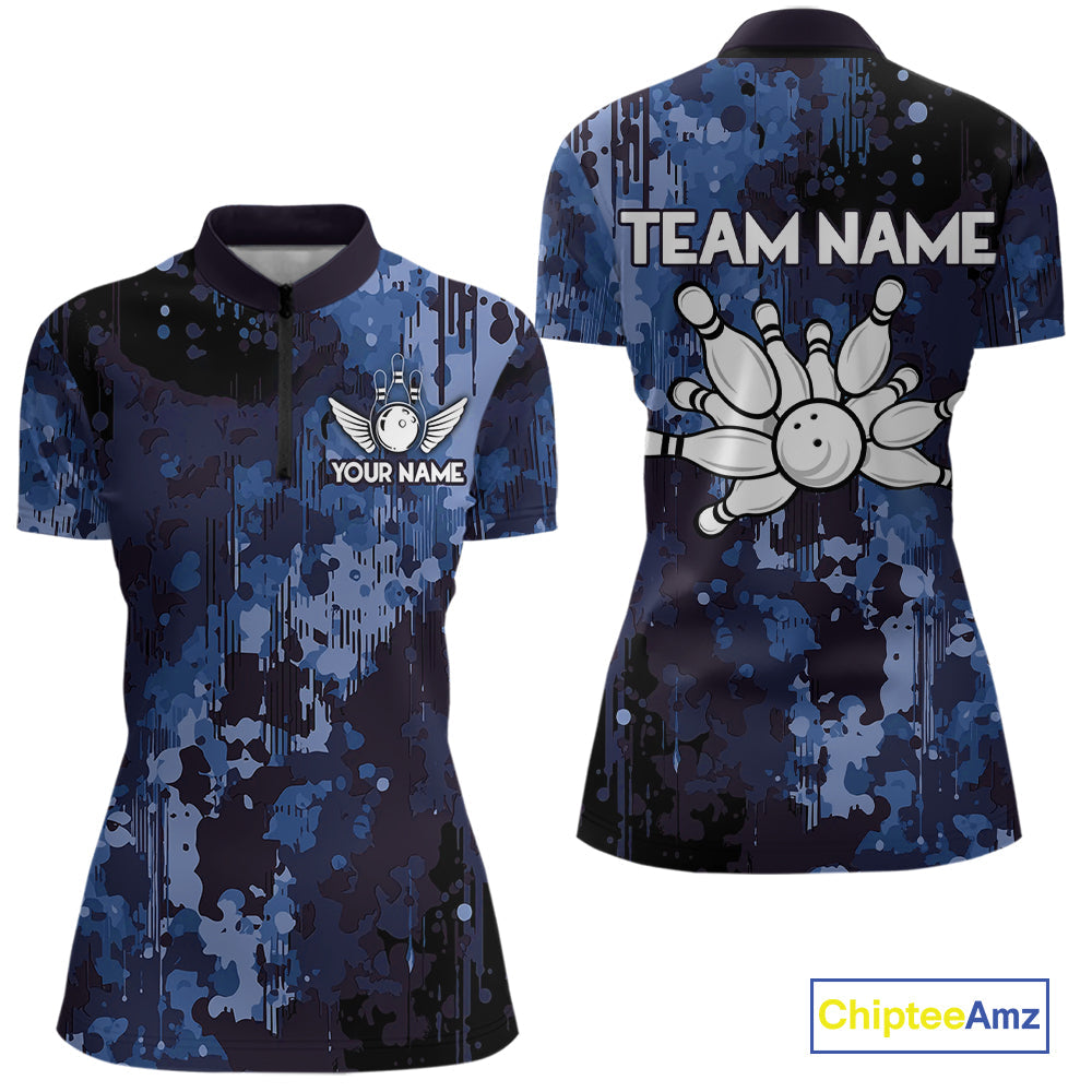 Blue Camo Bowling Polo, Quarter Zip Shirts Custom Bowling Team Jerseys, Gift For Bowlers