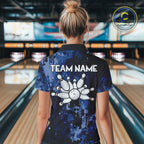 Blue Camo Bowling Polo, Quarter Zip Shirts Custom Bowling Team Jerseys, Gift For Bowlers