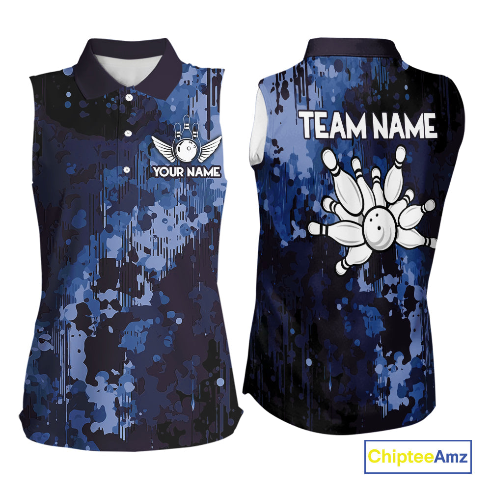 Blue Camo Bowling Sleeveless Polo Shirt Custom Bowling Team Jerseys, Gift For Bowlers