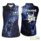 Blue Camo Bowling Sleeveless Polo Shirt Custom Bowling Team Jerseys, Gift For Bowlers