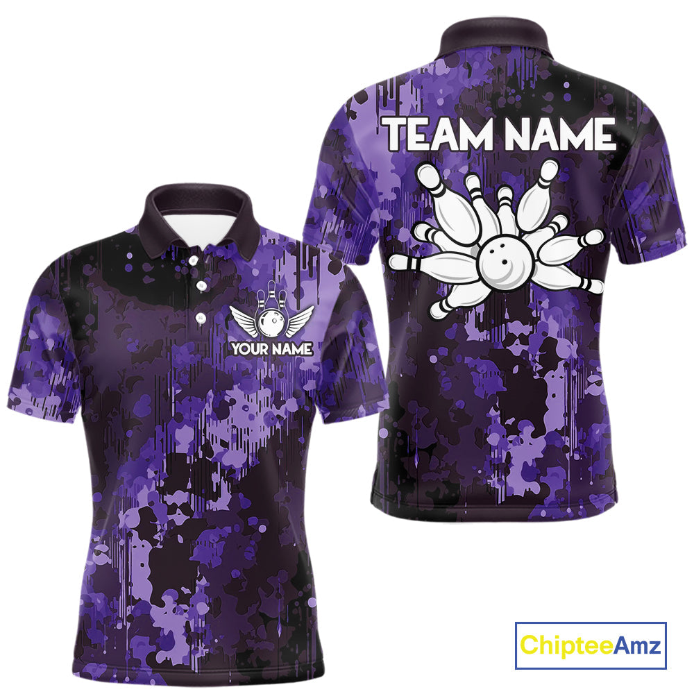 Purple Camo Bowling Polo, Quarter Zip Shirts Custom Bowling Team Jerseys, Gift For Bowlers