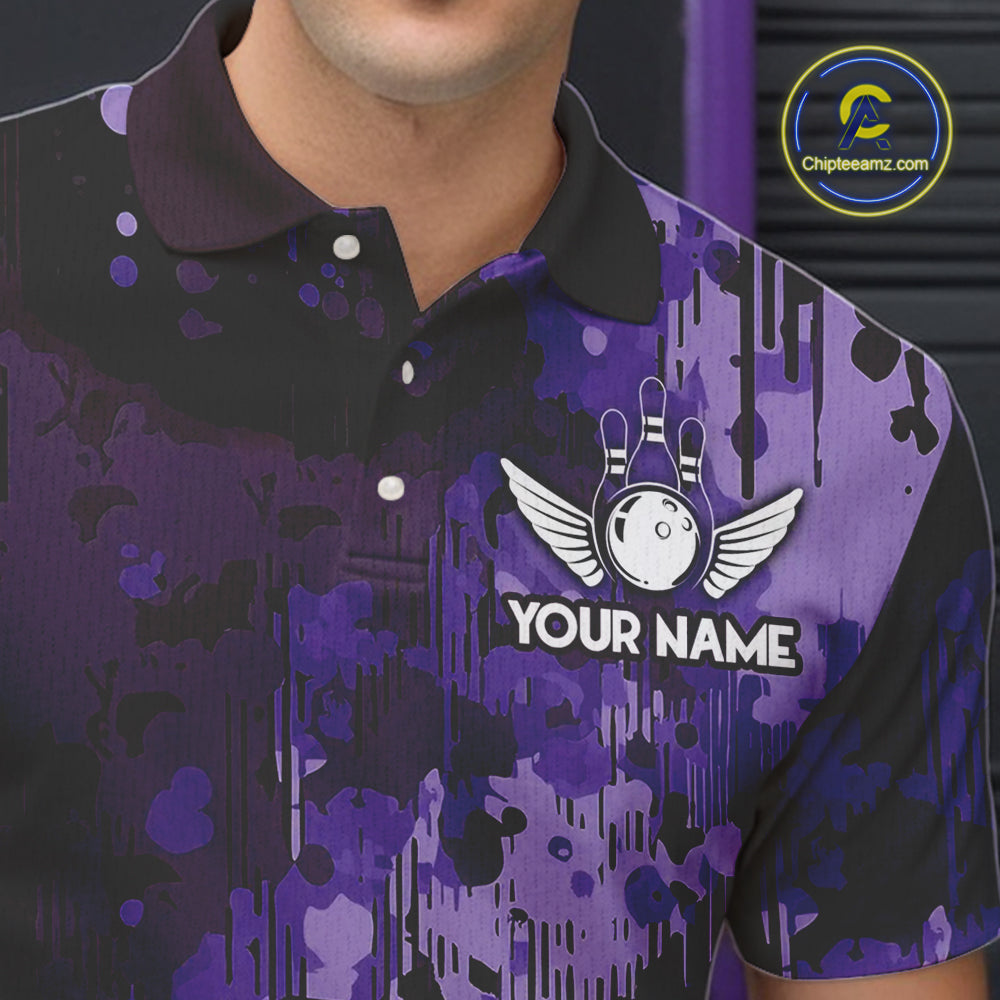 Purple Camo Bowling Polo, Quarter Zip Shirts Custom Bowling Team Jerseys, Gift For Bowlers