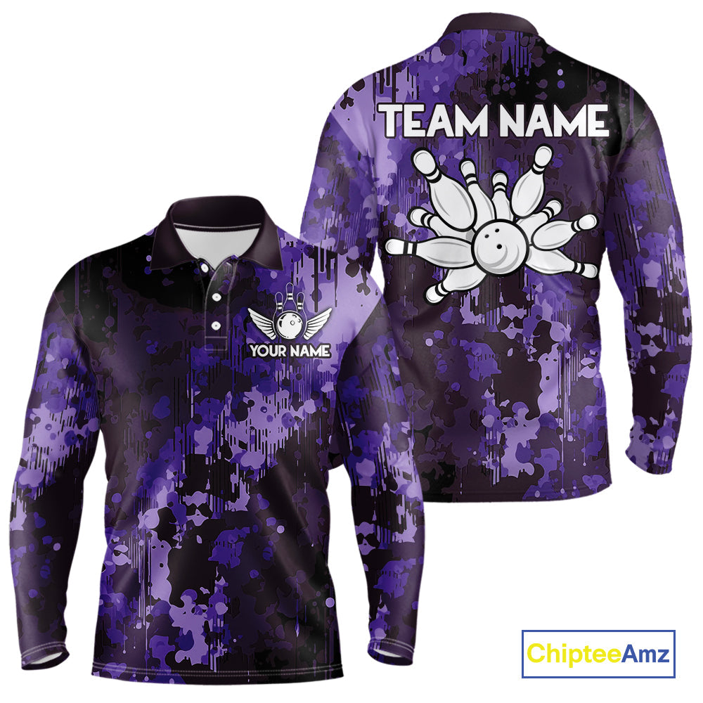 Purple Camo Bowling Polo, Quarter Zip Shirts Custom Bowling Team Jerseys, Gift For Bowlers