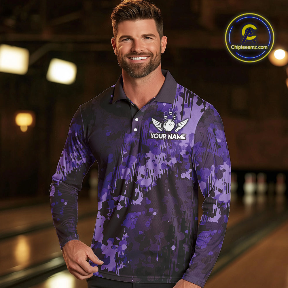 Purple Camo Bowling Polo, Quarter Zip Shirts Custom Bowling Team Jerseys, Gift For Bowlers