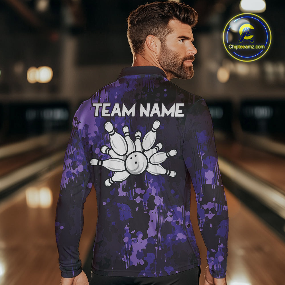 Purple Camo Bowling Polo, Quarter Zip Shirts Custom Bowling Team Jerseys, Gift For Bowlers