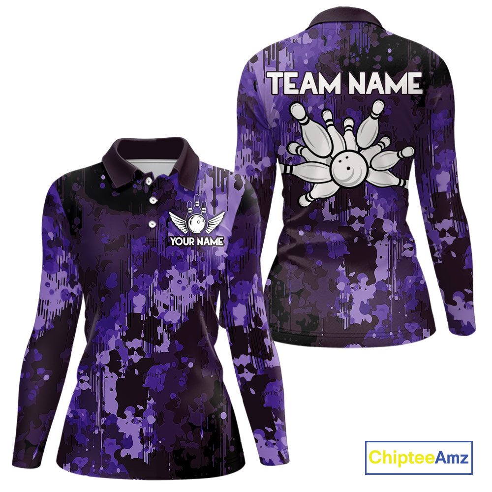 Purple Camo Bowling Polo, Quarter Zip Shirts Custom Bowling Team Jerseys, Gift For Bowlers
