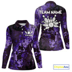 Purple Camo Bowling Polo, Quarter Zip Shirts Custom Bowling Team Jerseys, Gift For Bowlers