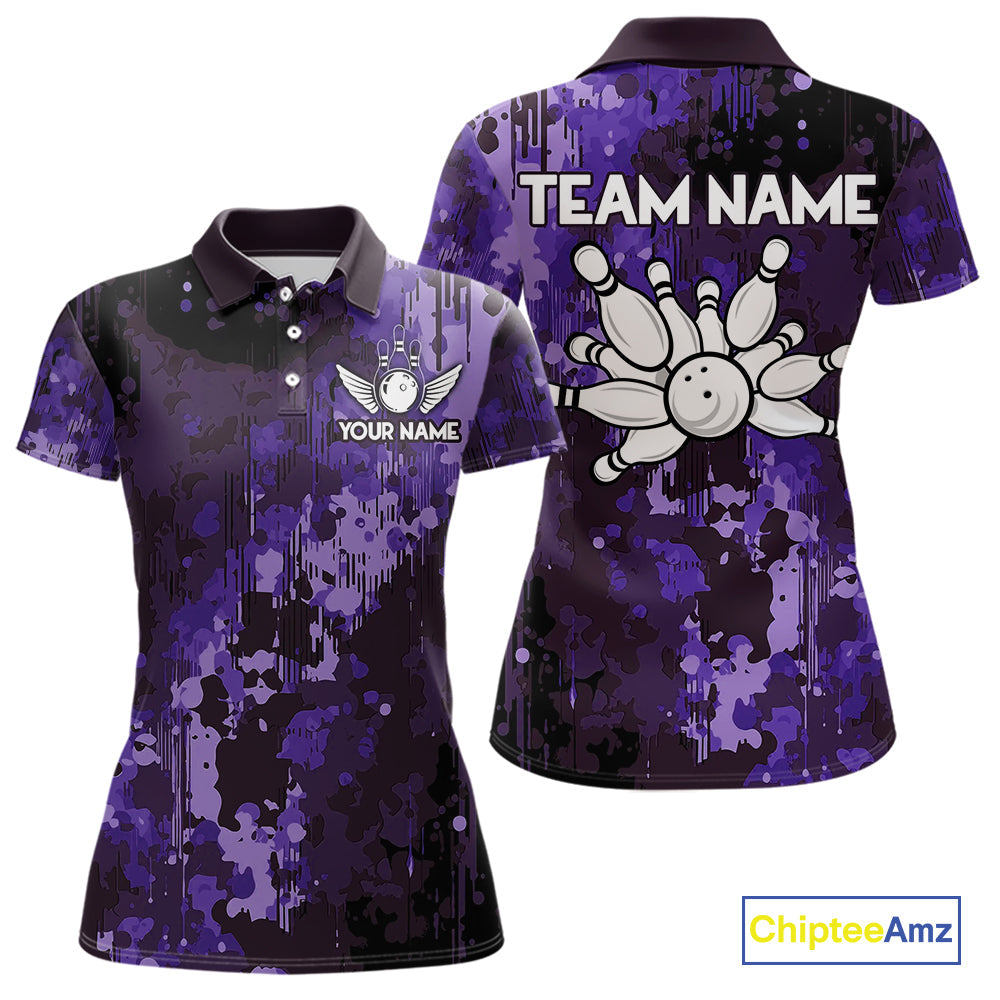 Purple Camo Bowling Polo, Quarter Zip Shirts Custom Bowling Team Jerseys, Gift For Bowlers