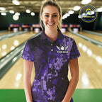 Purple Camo Bowling Polo, Quarter Zip Shirts Custom Bowling Team Jerseys, Gift For Bowlers