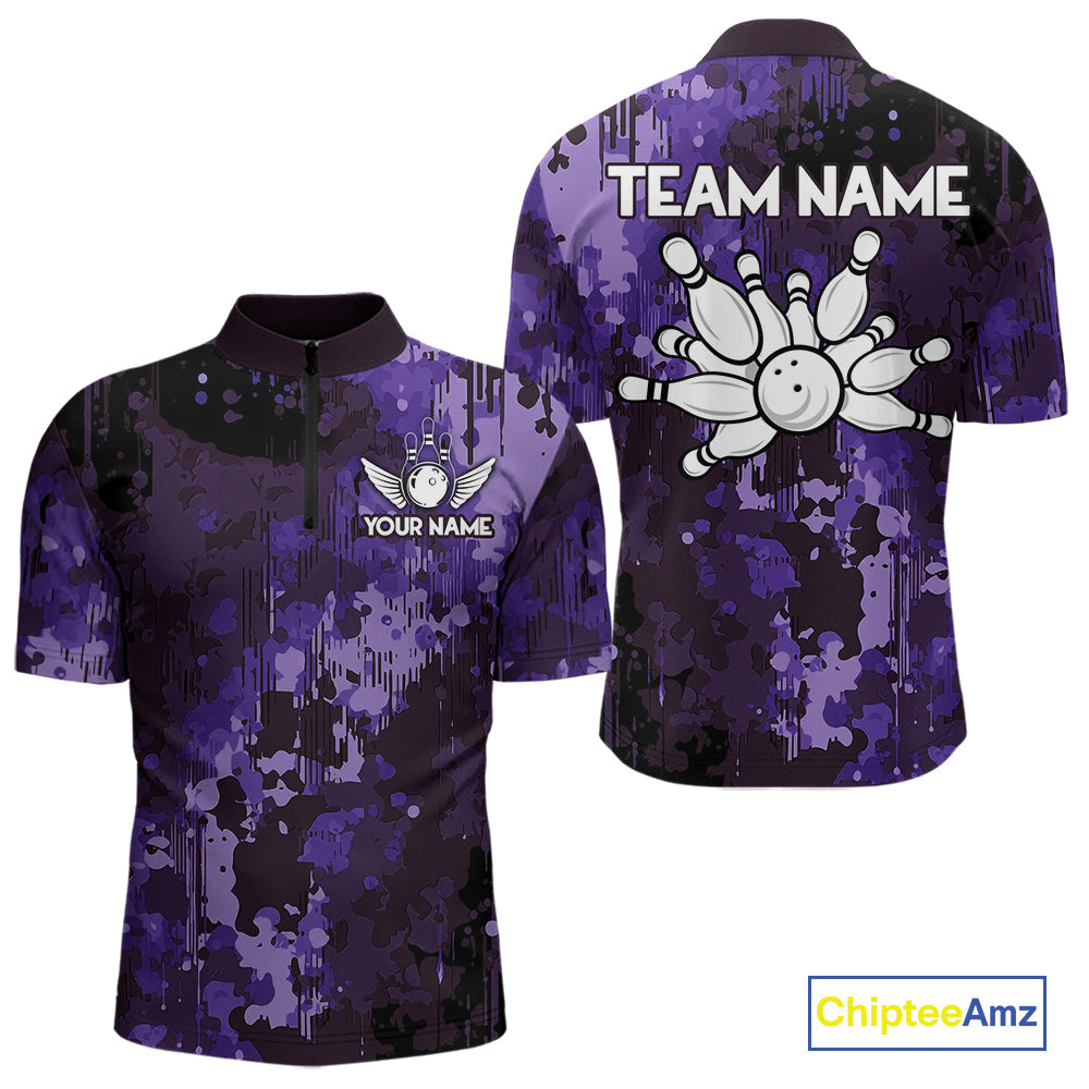 Purple Camo Bowling Polo, Quarter Zip Shirts Custom Bowling Team Jerseys, Gift For Bowlers
