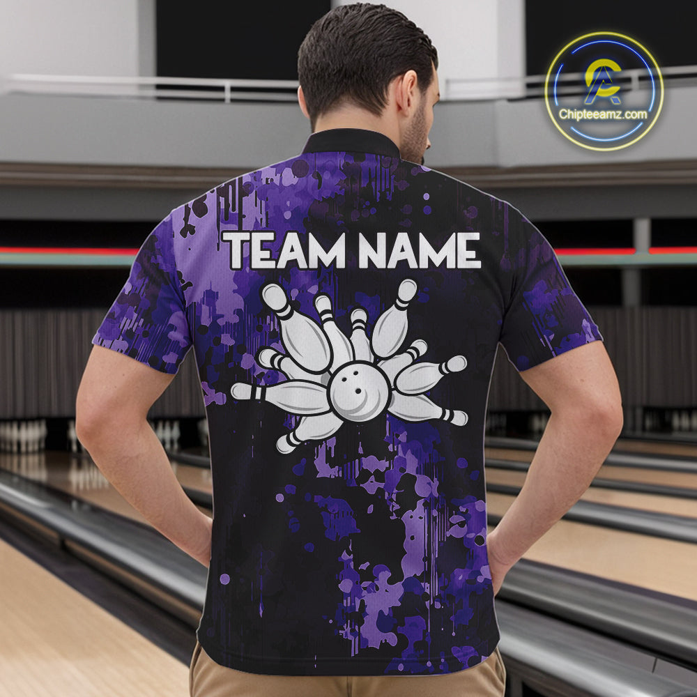 Purple Camo Bowling Polo, Quarter Zip Shirts Custom Bowling Team Jerseys, Gift For Bowlers