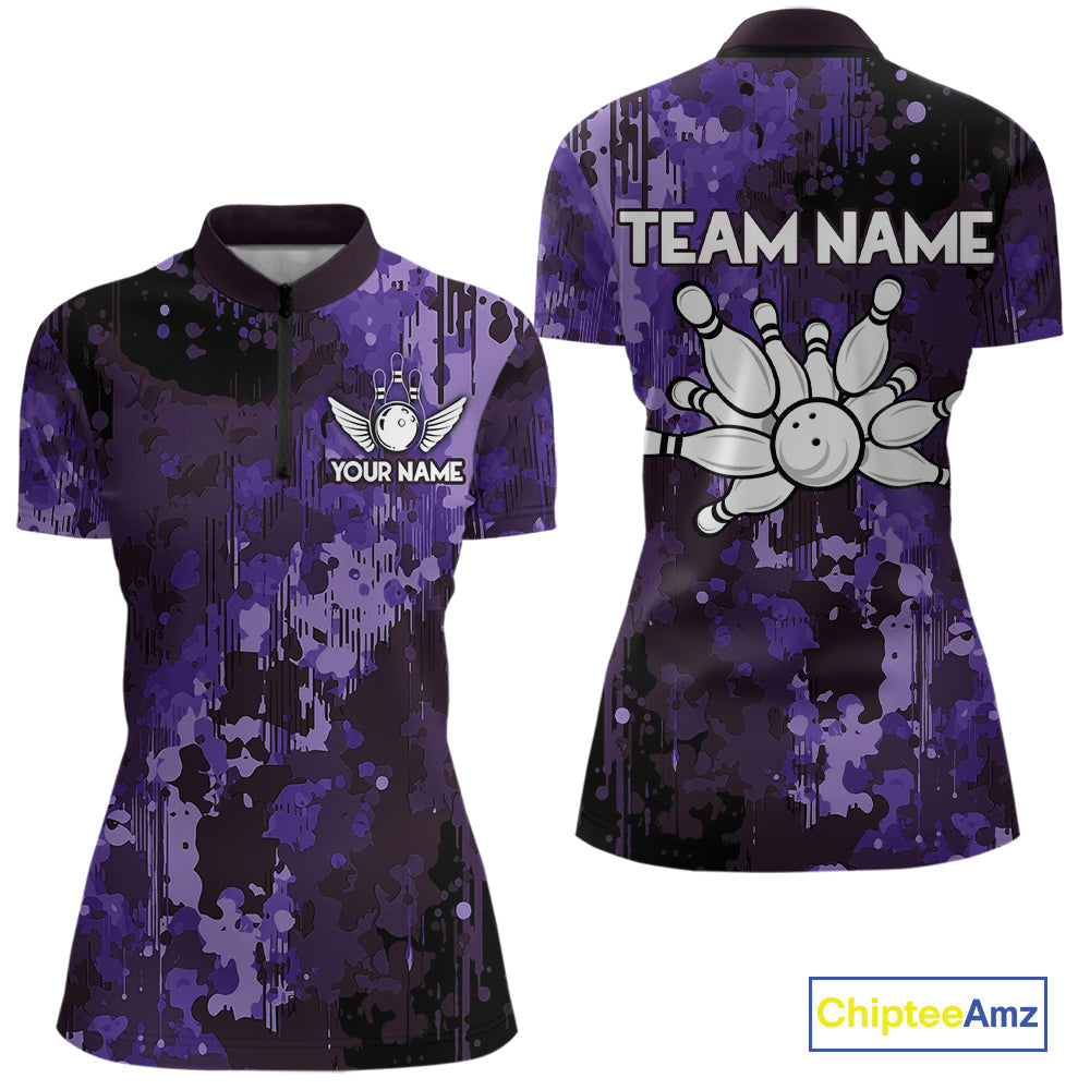 Purple Camo Bowling Polo, Quarter Zip Shirts Custom Bowling Team Jerseys, Gift For Bowlers