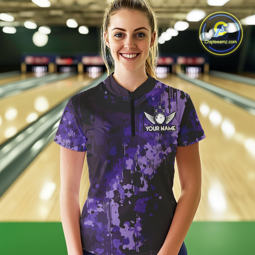 Purple Camo Bowling Polo, Quarter Zip Shirts Custom Bowling Team Jerseys, Gift For Bowlers