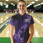 Purple Camo Bowling Polo, Quarter Zip Shirts Custom Bowling Team Jerseys, Gift For Bowlers