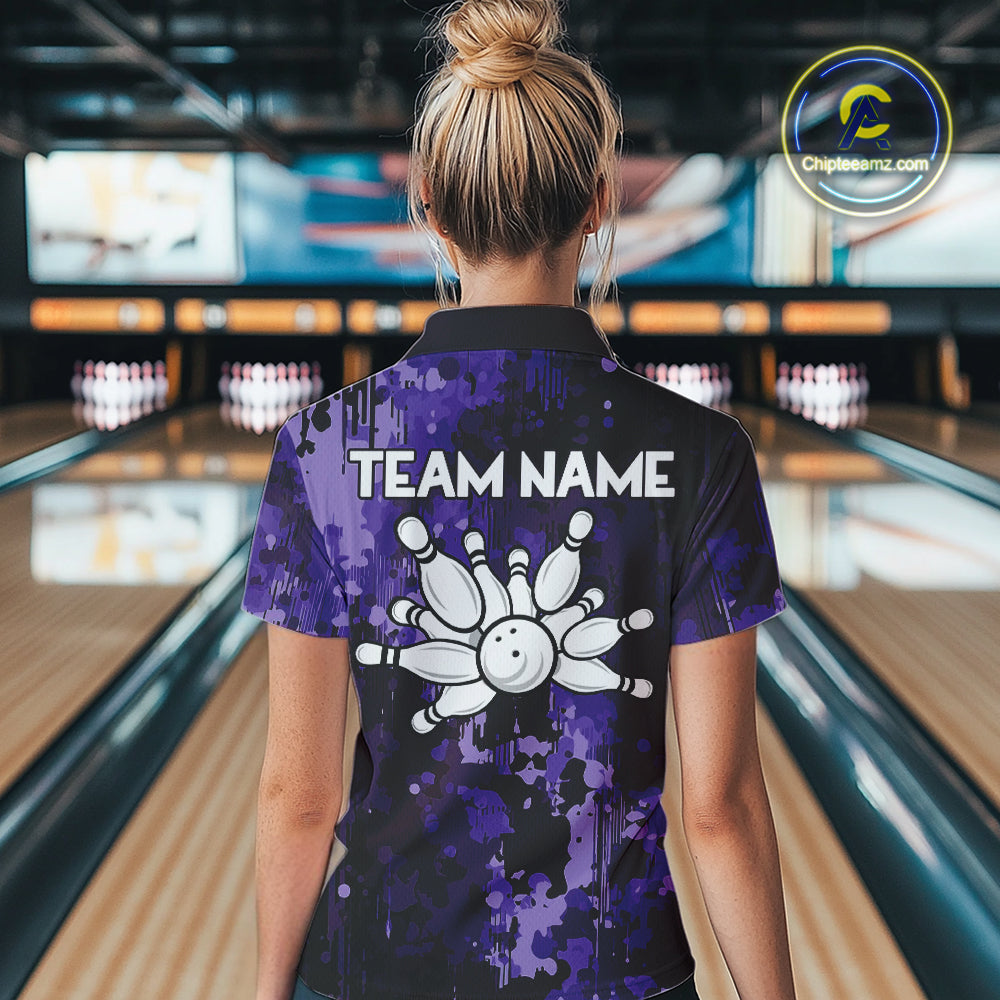 Purple Camo Bowling Polo, Quarter Zip Shirts Custom Bowling Team Jerseys, Gift For Bowlers