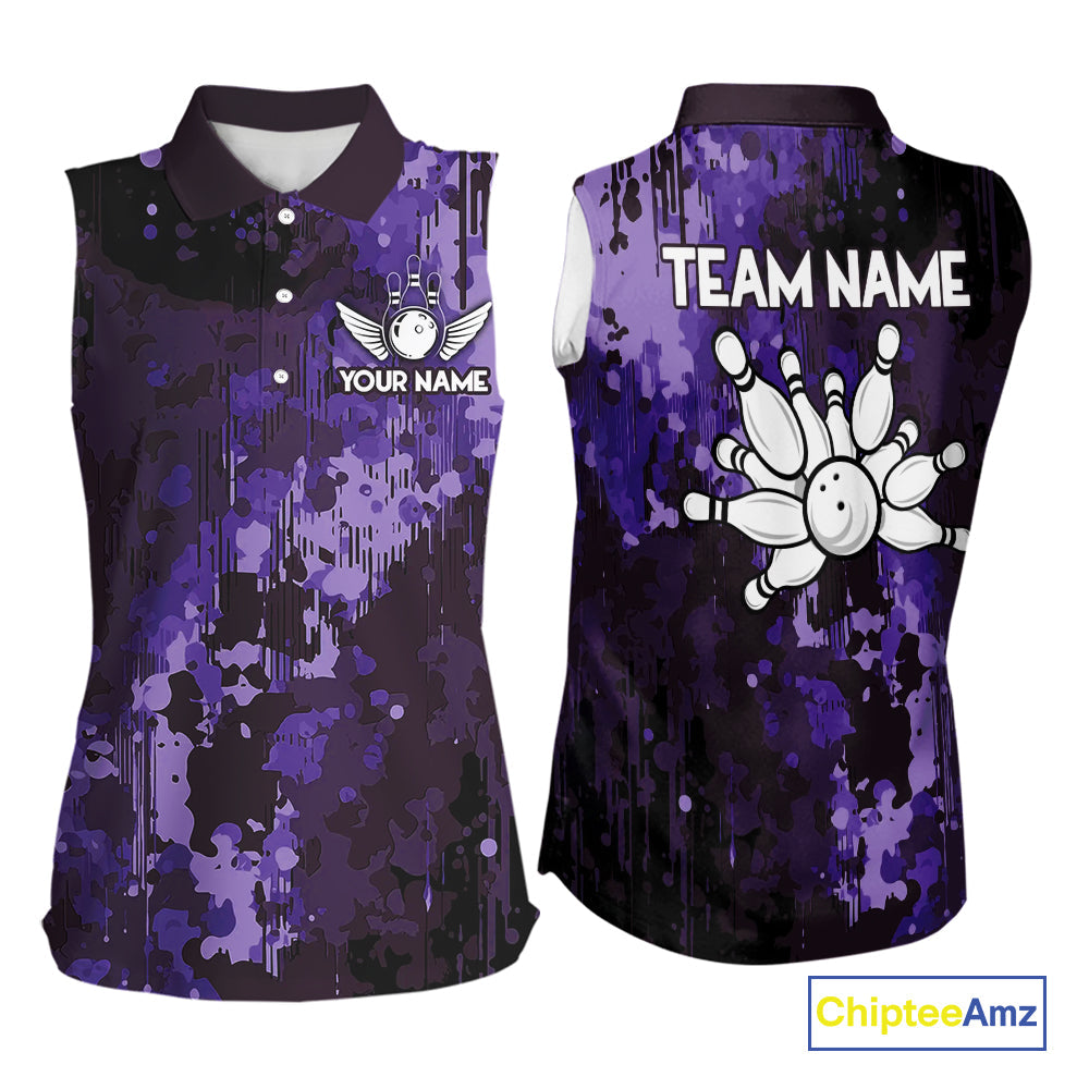 Purple Camo Bowling Sleeveless Polo Shirt Custom Bowling Team Jerseys, Gift For Bowlers