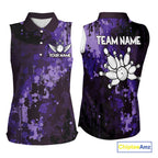 Purple Camo Bowling Sleeveless Polo Shirt Custom Bowling Team Jerseys, Gift For Bowlers
