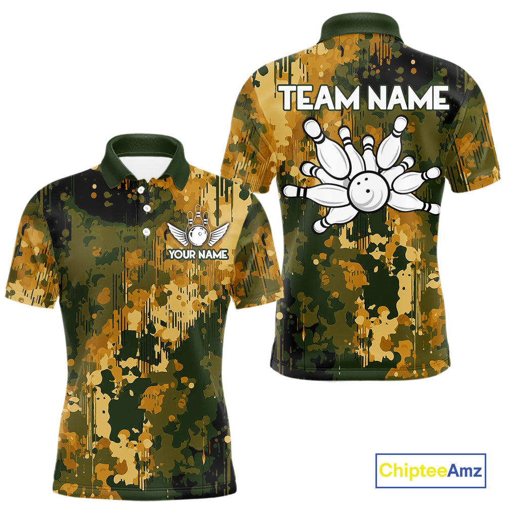 Yellow Camo Bowling Polo, Quarter Zip Shirts Custom Bowling Team Jerseys, Gift For Bowlers