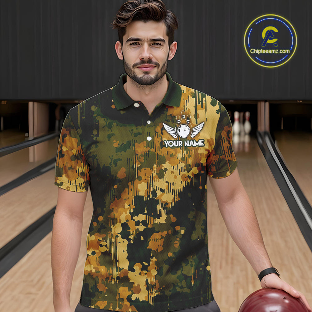Yellow Camo Bowling Polo, Quarter Zip Shirts Custom Bowling Team Jerseys, Gift For Bowlers