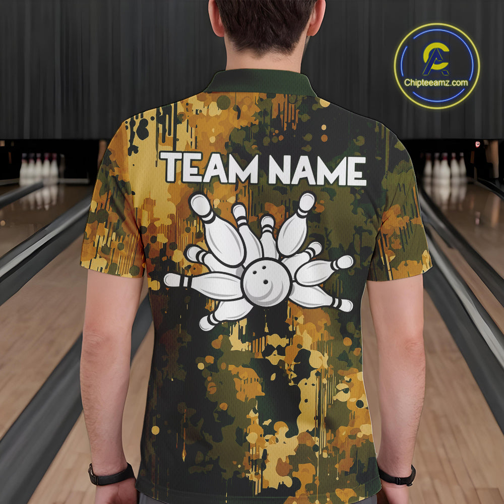 Yellow Camo Bowling Polo, Quarter Zip Shirts Custom Bowling Team Jerseys, Gift For Bowlers