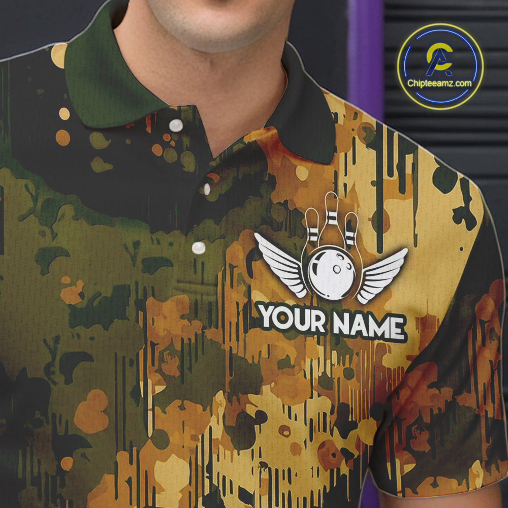 Yellow Camo Bowling Polo, Quarter Zip Shirts Custom Bowling Team Jerseys, Gift For Bowlers