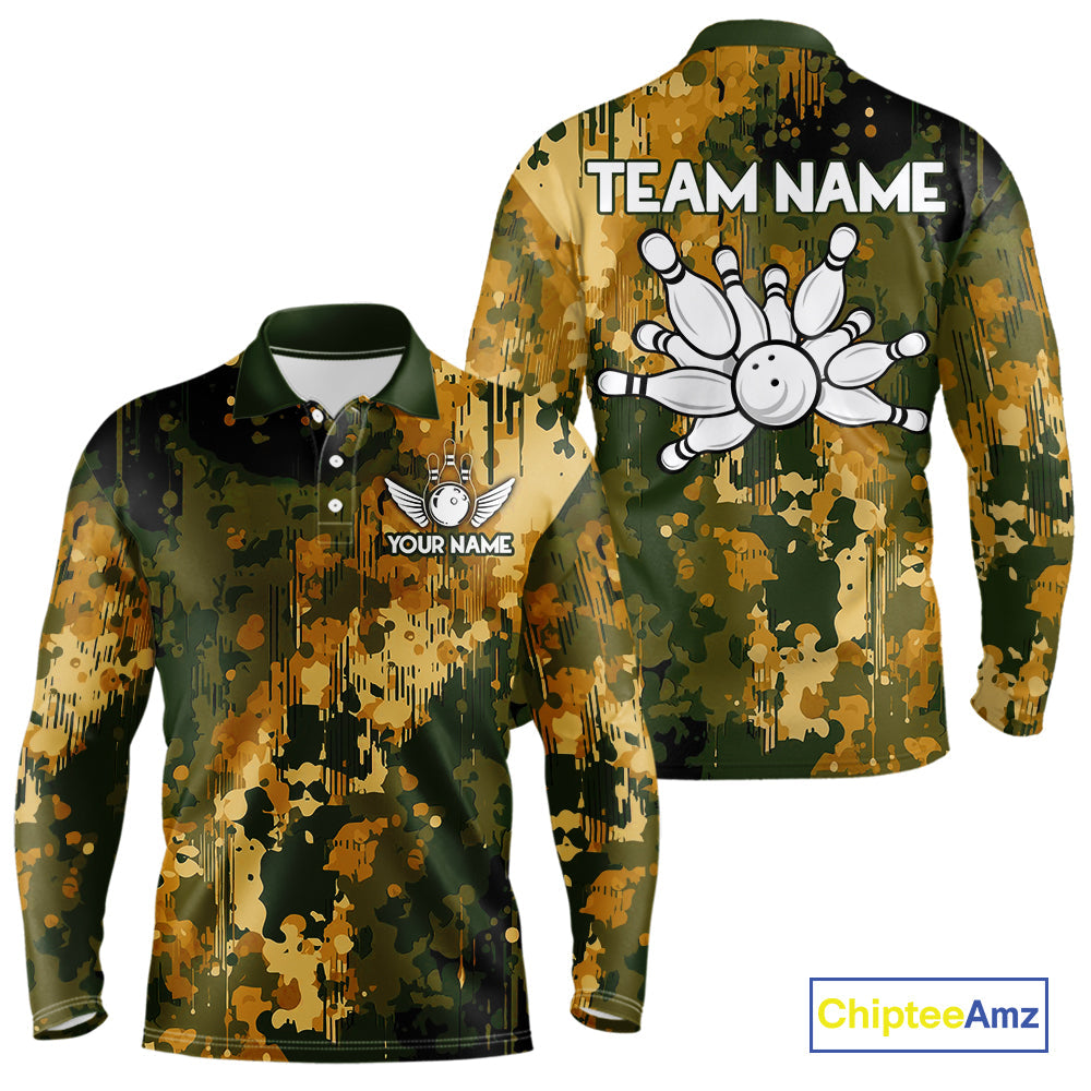 Yellow Camo Bowling Polo, Quarter Zip Shirts Custom Bowling Team Jerseys, Gift For Bowlers