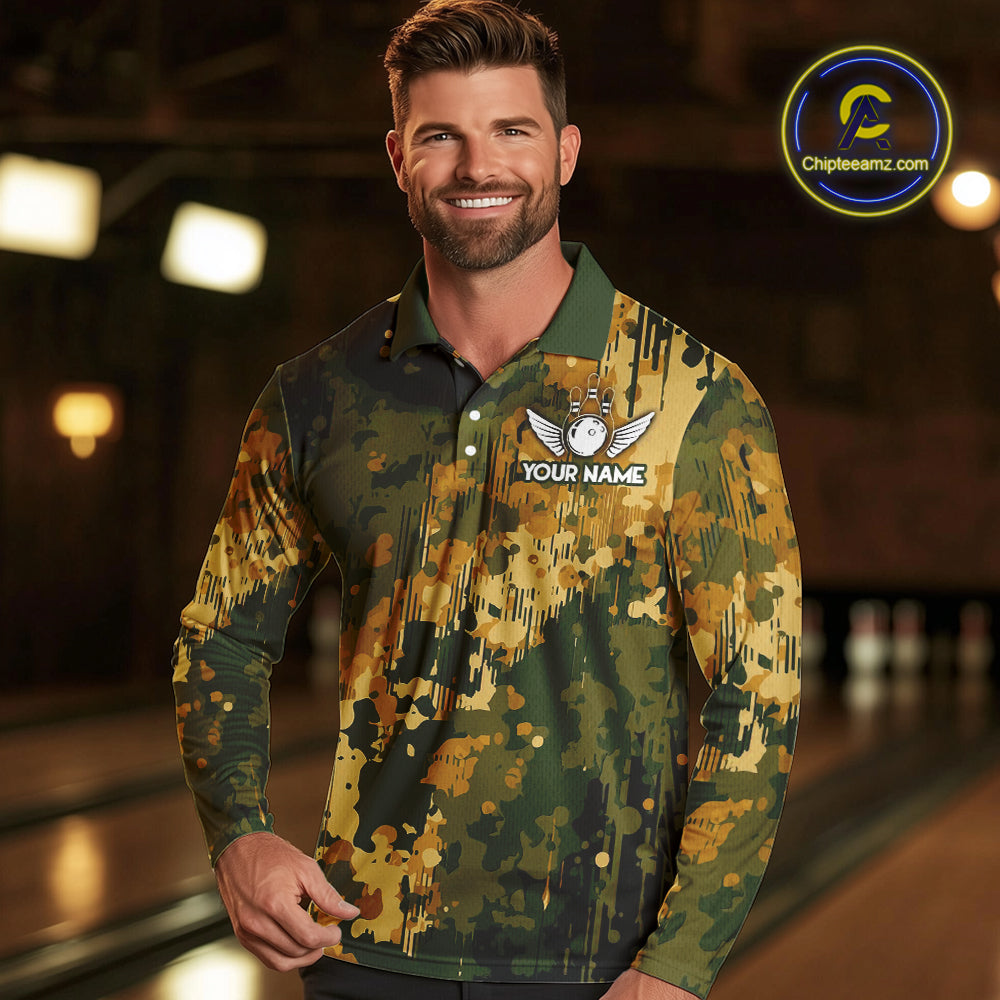 Yellow Camo Bowling Polo, Quarter Zip Shirts Custom Bowling Team Jerseys, Gift For Bowlers