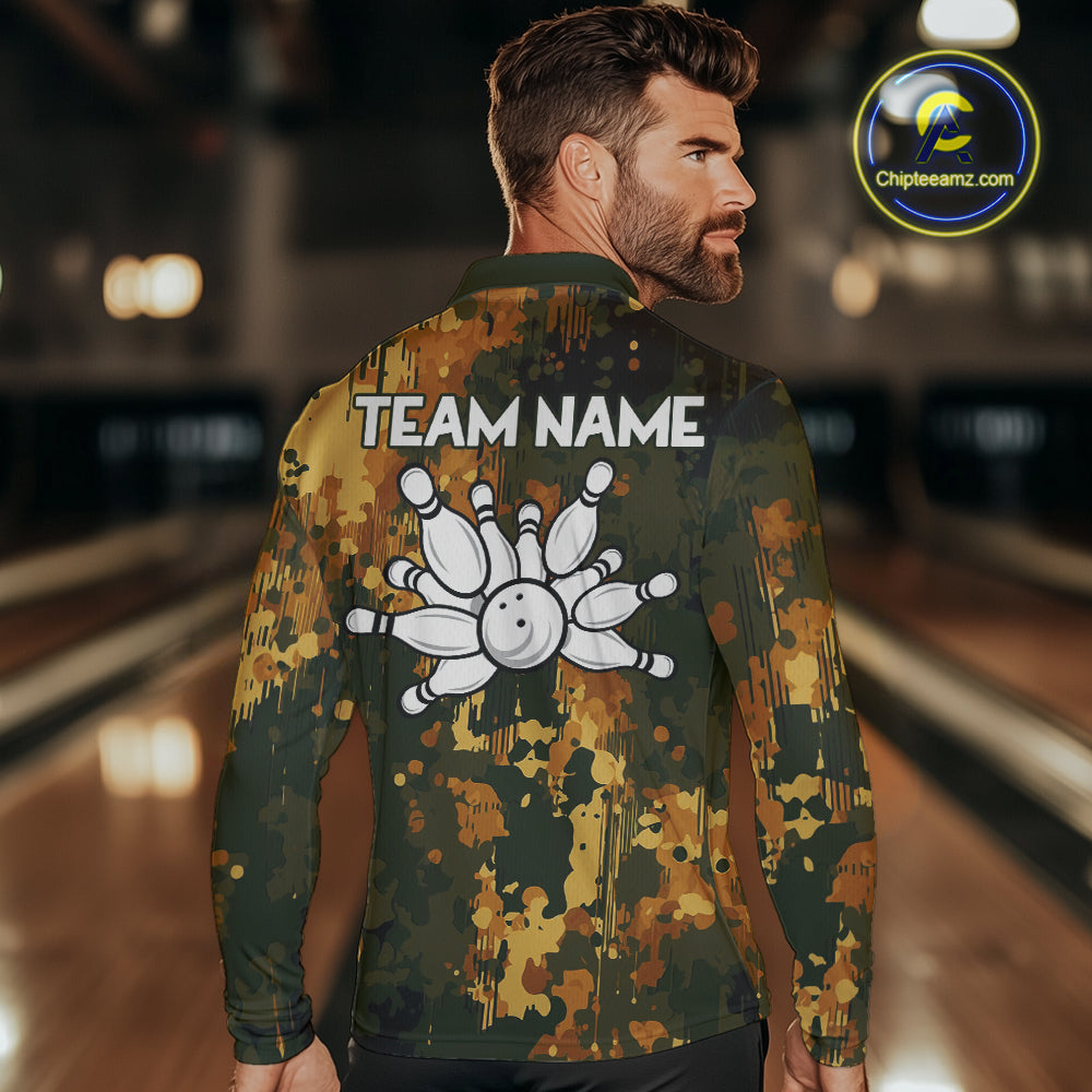 Yellow Camo Bowling Polo, Quarter Zip Shirts Custom Bowling Team Jerseys, Gift For Bowlers