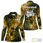 Yellow Camo Bowling Polo, Quarter Zip Shirts Custom Bowling Team Jerseys, Gift For Bowlers