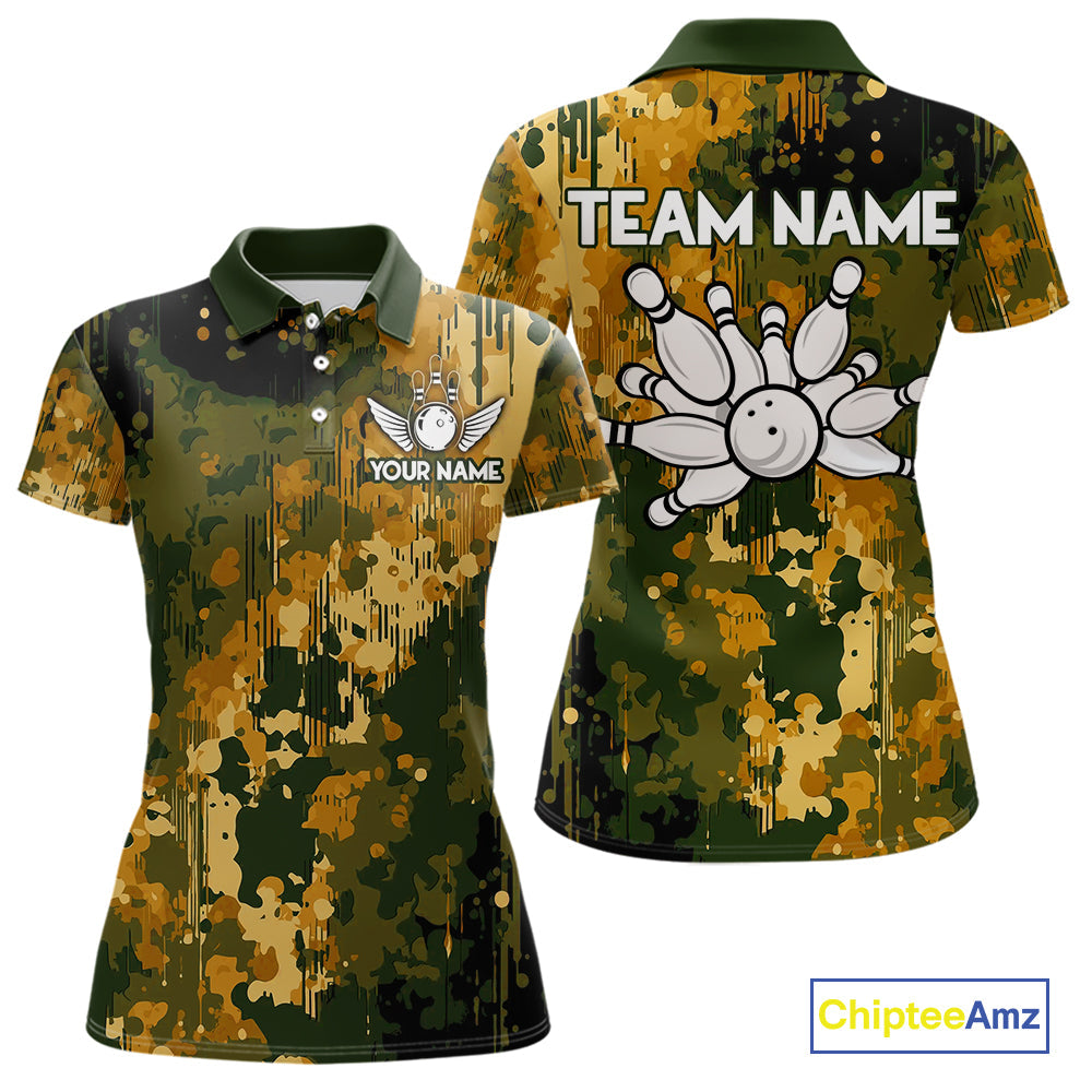 Yellow Camo Bowling Polo, Quarter Zip Shirts Custom Bowling Team Jerseys, Gift For Bowlers