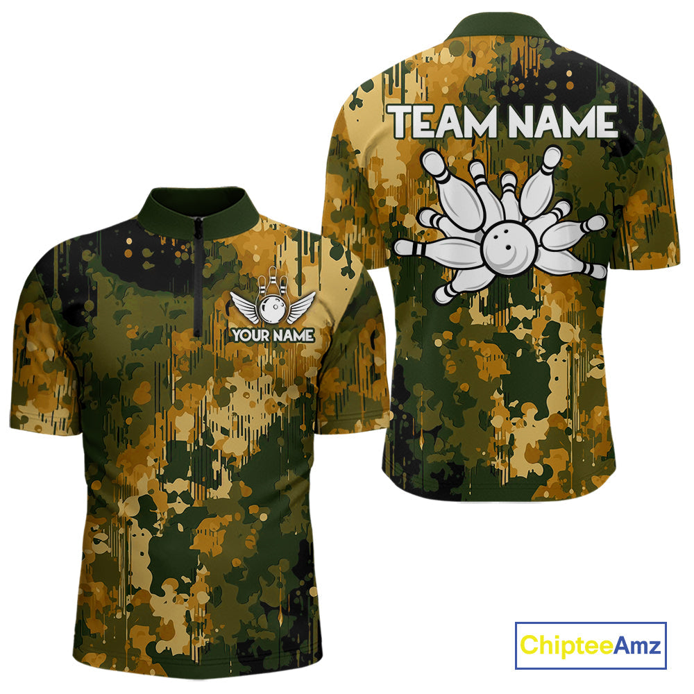 Yellow Camo Bowling Polo, Quarter Zip Shirts Custom Bowling Team Jerseys, Gift For Bowlers