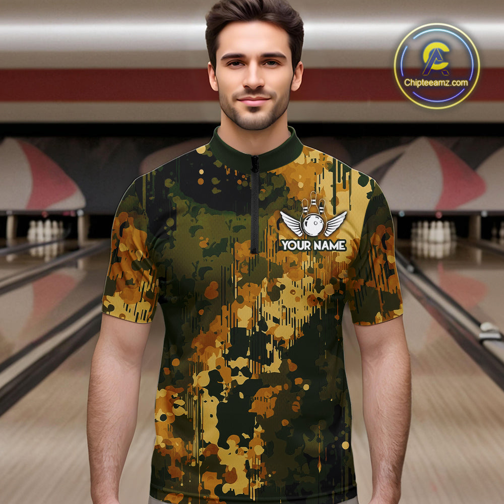 Yellow Camo Bowling Polo, Quarter Zip Shirts Custom Bowling Team Jerseys, Gift For Bowlers