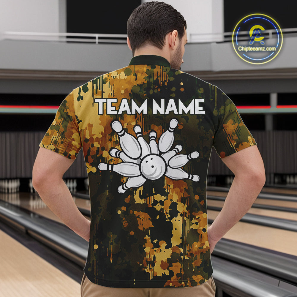 Yellow Camo Bowling Polo, Quarter Zip Shirts Custom Bowling Team Jerseys, Gift For Bowlers