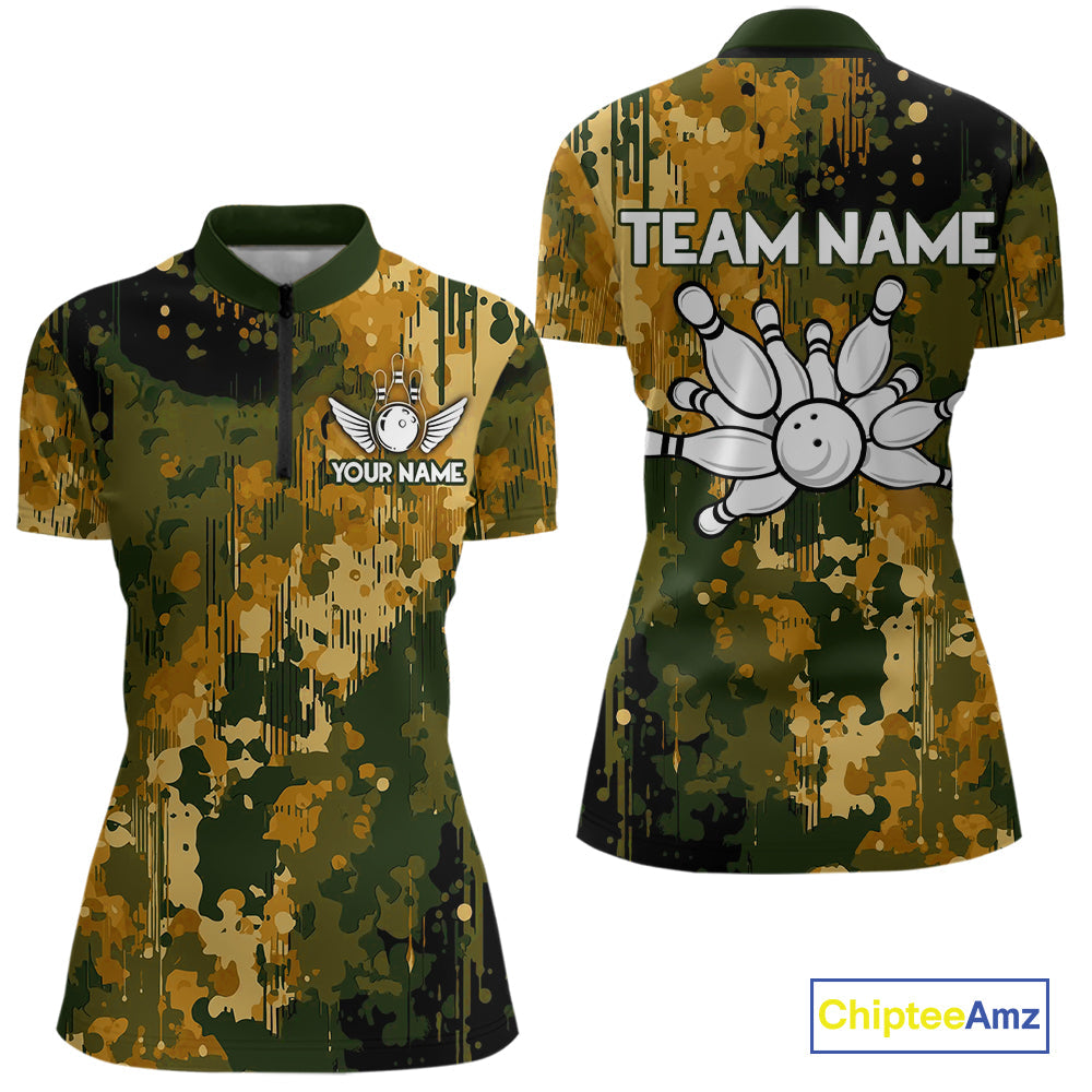 Yellow Camo Bowling Polo, Quarter Zip Shirts Custom Bowling Team Jerseys, Gift For Bowlers