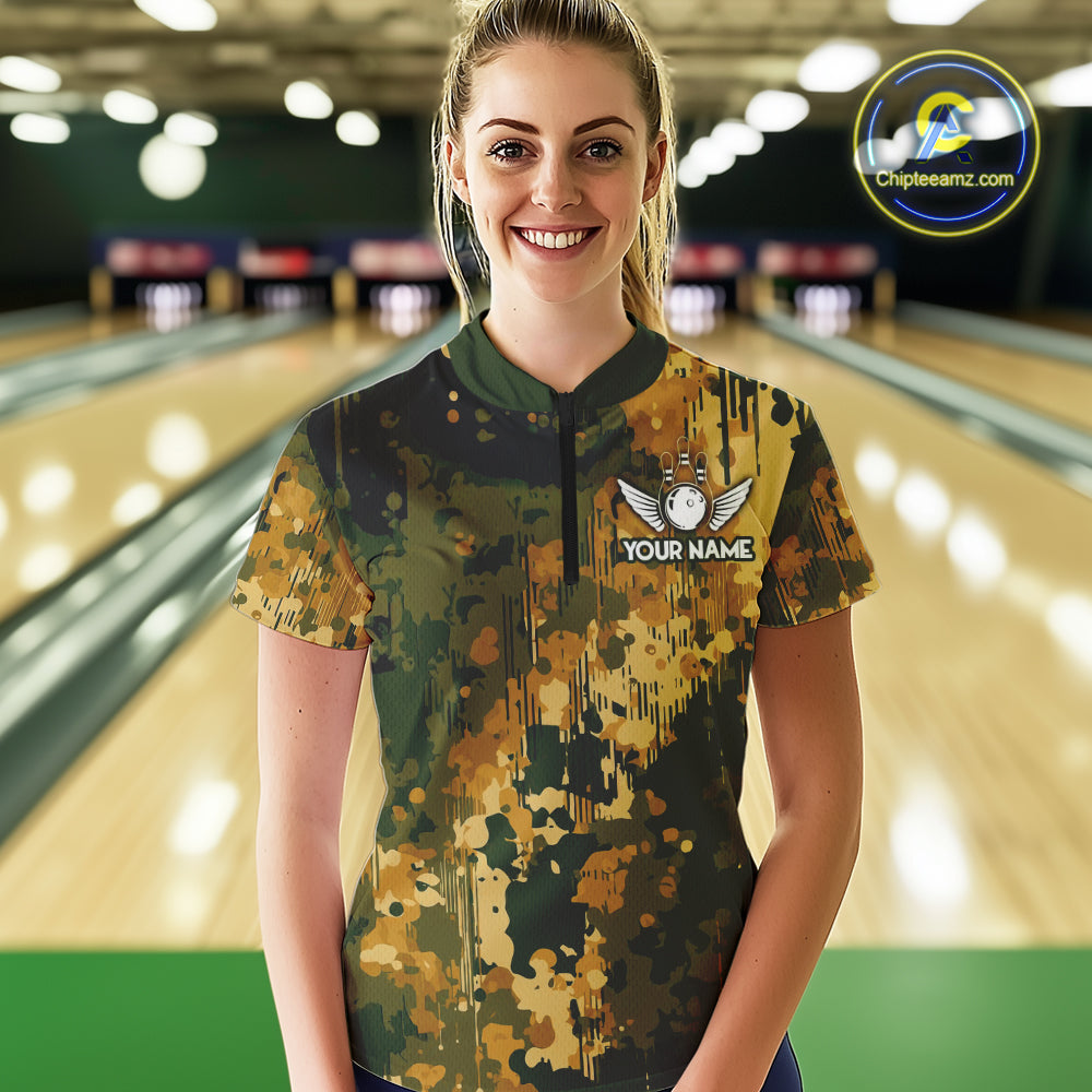 Yellow Camo Bowling Polo, Quarter Zip Shirts Custom Bowling Team Jerseys, Gift For Bowlers