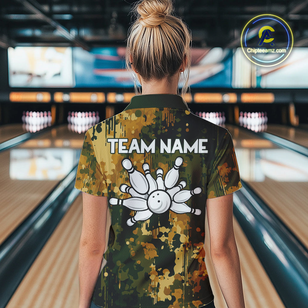 Yellow Camo Bowling Polo, Quarter Zip Shirts Custom Bowling Team Jerseys, Gift For Bowlers