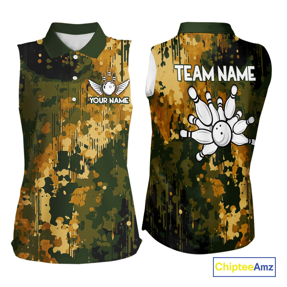 Yellow Camo Bowling Sleeveless Polo Shirt Custom Bowling Team Jerseys, Gift For Bowlers