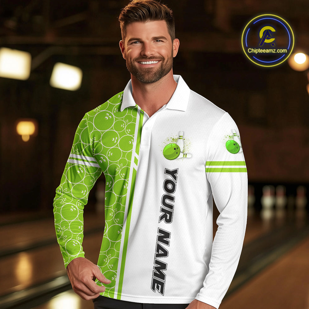 Bowling Polo, 1/4 Zip Shirt Custom white & green camo vintage bowling shirts, bowling jersey