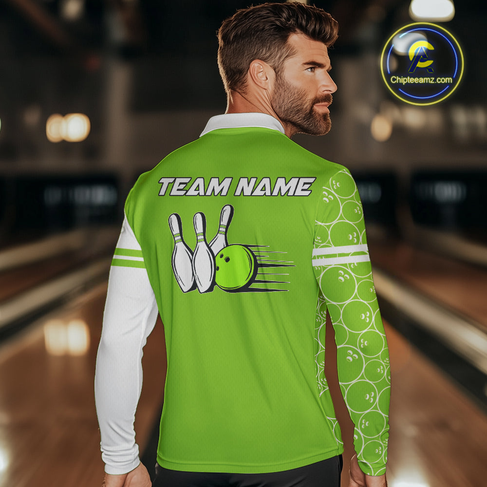 Bowling Polo, 1/4 Zip Shirt Custom white & green camo vintage bowling shirts, bowling jersey
