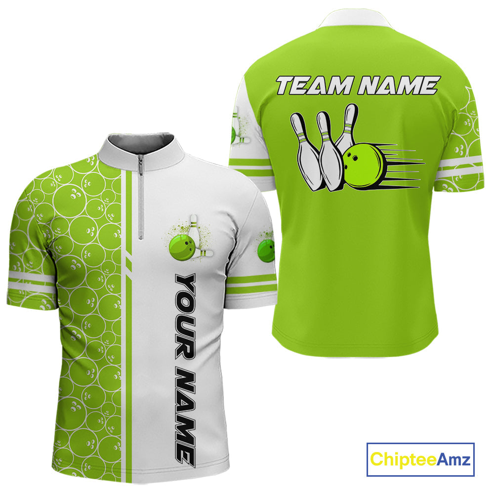 Bowling Polo, 1/4 Zip Shirt Custom white & green camo vintage bowling shirts, bowling jersey