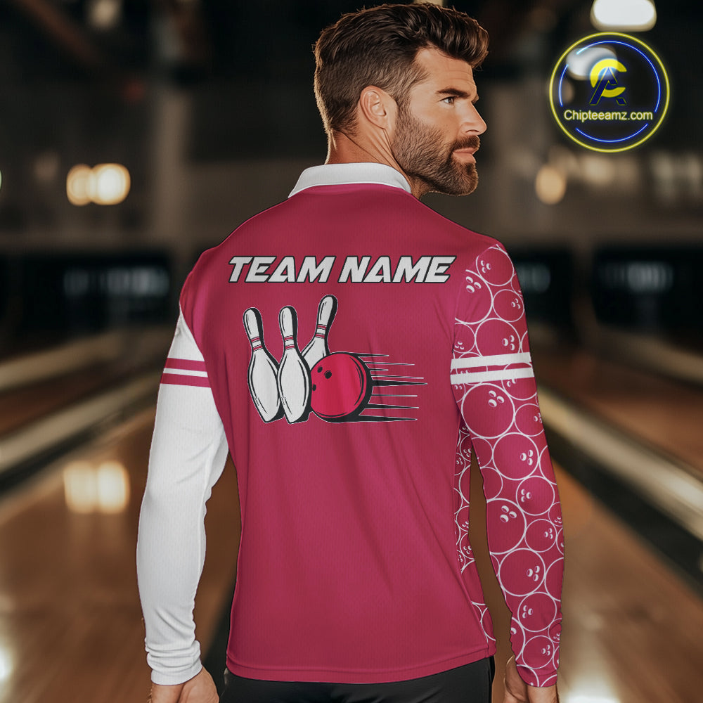 Bowling Polo, 1/4 Zip Shirt Custom white & pink camo vintage bowling shirts, bowling jersey
