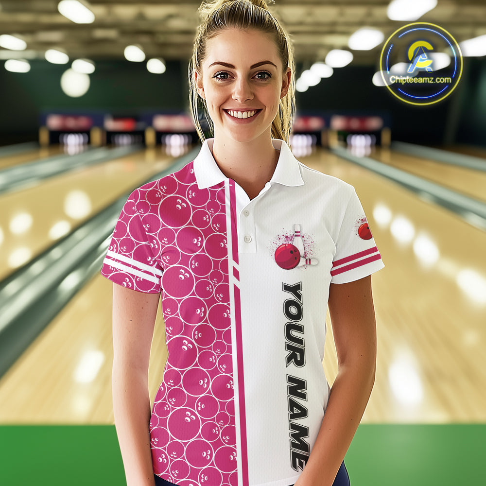Bowling Polo, 1/4 Zip Shirt Custom retro white and pink camo vintage bowling jerseys